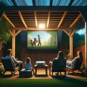 משפחה יושבת בגינה וצופה בסרט ילדים באמצעות מקרן חוץ
